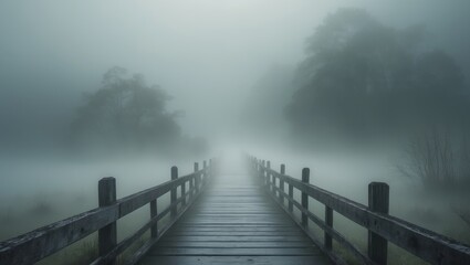 Naklejka premium A Serene Wooden Bridge Disappearing into a Thick Layer of Fog in a Mystical Landscape Evoking a Sense of Calm and Tranquility in Nature's Embrace