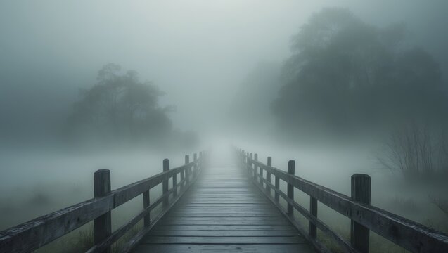 A Serene Wooden Bridge Disappearing into a Thick Layer of Fog in a Mystical Landscape Evoking a Sense of Calm and Tranquility in Nature's Embrace