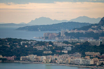 Early morning view on French Riviera, colorful Menton old city and marina on blue Mediterranean Sea near French-Italian border, Monaco, Monte-Carlo, travel destination, panoramic view