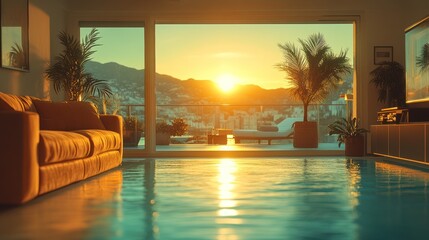 Fototapeta premium Sunset view from modern apartment with indoor pool.