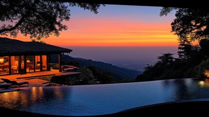 Fototapeta premium Sunset view from luxury home infinity pool.