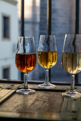 Sherry wine tasting, fino, olorosso, amontillado, cream jerez sherry fortified wine made from palomino white grape in bogedas in Jerez de la Frontera, Cadiz, Andalusia, Spain