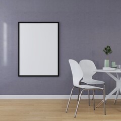Vertical frame mockup in a dining room with table, chairs and table decorations. 3D rendering, interior design, 3D illustration