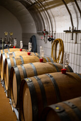 After harvest, fermentation lock, traditional method of production of cremant sparkling wine in south part of Luxembourg country on bank of Moezel, Mosel river.