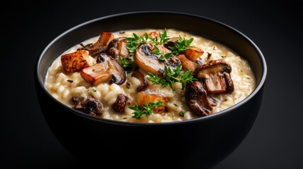 A bowl of mushroom and pasta with parsley