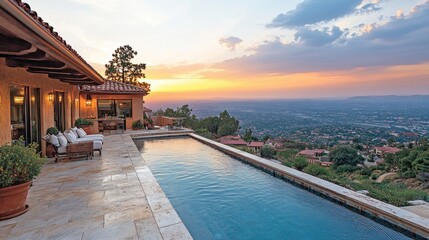 Sunset view from luxury home pool.