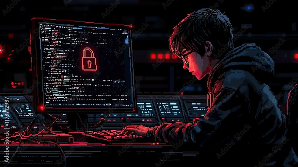 Poster young programmer working late at night on a computer with a lock icon displayed on the screen.