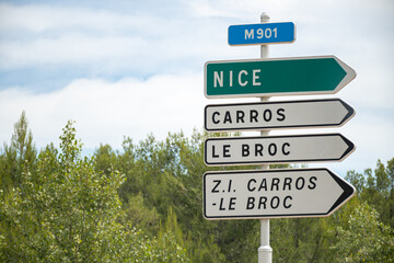 Driving car or camper on free on Cote d'azur, French Riviera in summer, road signs and directions, traffic jam on touristic road in France