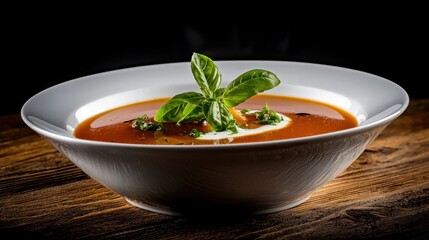 A bowl of soup with a leaf of basil on top