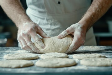 Fototapeta premium Chef Kneading Pizza Dough in Floury Kitchen - Artisan chef prepares pizza dough, hands kneading, floury surface, rustic kitchen, culinary artistry.