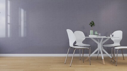 Wall mockup in a dining room with table, chairs and table decorations. 3D rendering, interior design, 3D illustration