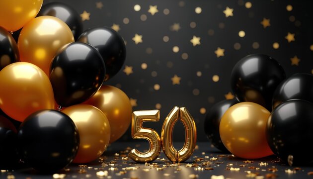 Golden 50th birthday party decor with black, golden balloons. Festive black background with golden confetti. Anniversary celebration. Golden numbers create classy party invitation menu. Suitable for
