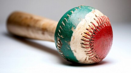 Vintage Baseball Bat with Worn Red Green Baseball Ball