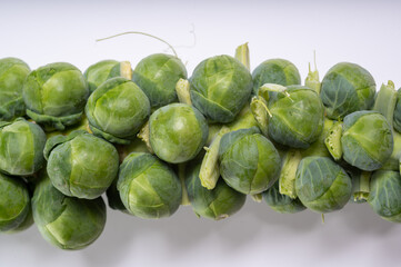 Green brussels sprouts on stalks on white table