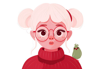 elderly woman with bird, a sweet elderly woman with white hair, glasses, a red sweater, and a pink circular frame is depicted in a modern cute cartoon style shes shown with a friendly face and