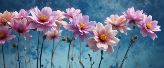 Fototapeta premium Watercolor flowers floating on a blue ink splash, colorful, ink