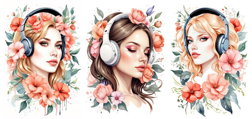 Beautiful brunette and blonde girls in headphones floral watercolor portraits set isolated on white vertical background