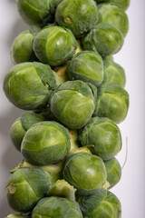 Green brussels sprouts on stalks on white table