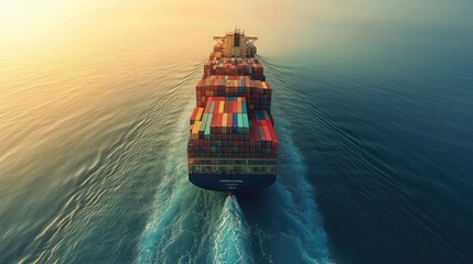 Container ship at sea with digital network links, digital trade network connection concept, global shipping industry 