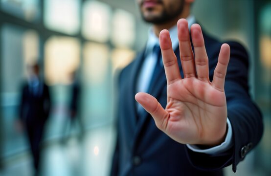 Businessman displays clear stop gesture in modern office. Confident hand signals halt to potential problems deals. Raised palm conveys firm decision warning. In formal setting. Blurred background - Powered by Adobe