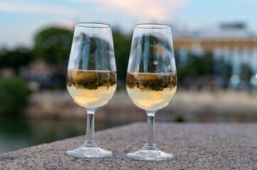 Sherry wine tasting on roof of old Triana district in Sevilla with view on Sevilla houses and river, wine glasses