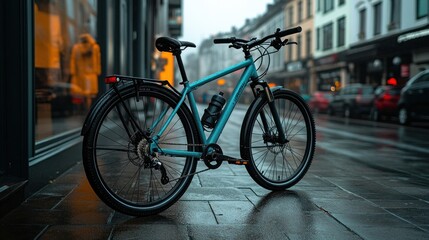 Teal bicycle parked on city street.
