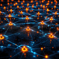 Obraz premium Glowing network nodes connected on dark circuit board background, data transfer concept