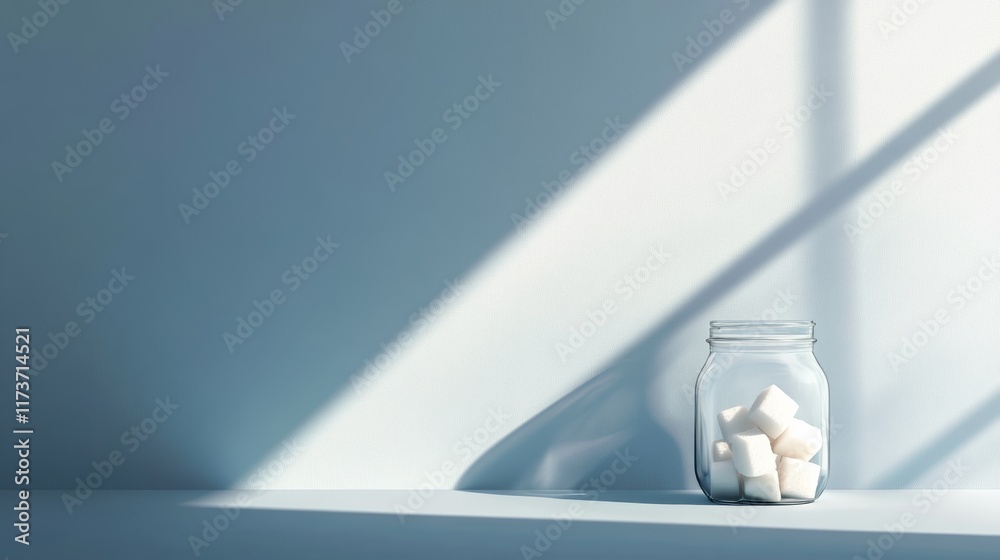 Poster sunlight casts shadows on a light blue surface with a jar of sugar cubes, promoting a low sugar life