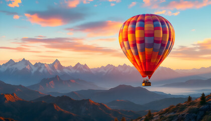 Fototapeta premium Serene Hot Air Balloon Soaring Over Majestic Sunrise Mountains