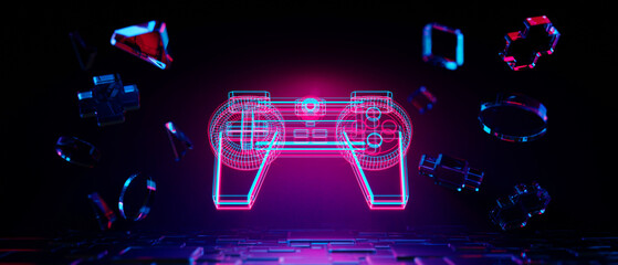 3d illustration rendering of y2k 2000s gamer technology futuristic cyberpunk sci-fi display podium, floating gaming button controller joystick © issaronow