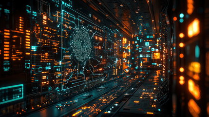 Brain interface in server room, data flow, digital lights, technological analysis