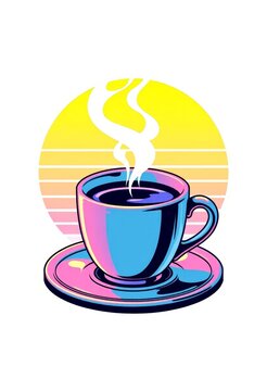 Morning Motivation, Single Cup of Coffee with Steam, Vaporwave Style, White Background, Close-Up Illustration