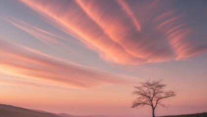 Fototapeta premium Vibrant sunset with wispy clouds over a serene landscape featuring a solitary tree and rolling hills in the foreground