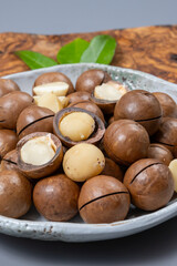 Australian Queensland macadamia nuts, or bush, maroochi, bauple nut, with sawn nutshell, fresh harvest