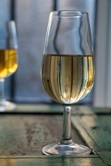 Sherry wine tasting, fino, olorosso, amontillado, cream jerez sherry fortified wine made from palomino white grape in bogedas in Jerez de la Frontera, Cadiz, Andalusia, Spain