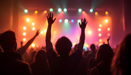 Silhouetted Concert Crowd: Euphoric Energy in Warm Lighting