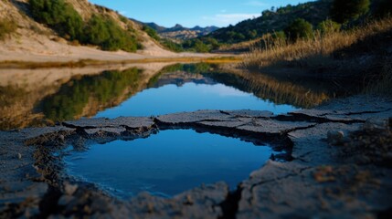 A body of water with a reflection of the mountains in the background
