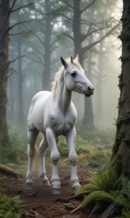 Young unicorn foal plays in misty forest clearing,  magic, unicorn foal
