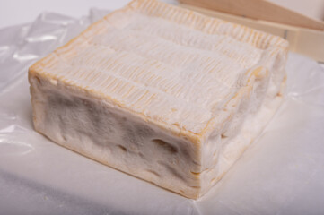 French squared pont l'eveque cow cheese from Calvados department, Normandy, France