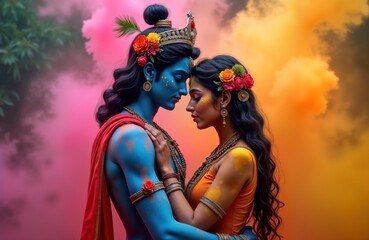 Lord Krishna, Radha depicted in artistic style. Hindu deities embrace. Wear traditional colourful costumes, adornments. Flowers decorate heads. Colourful background with smoke. Image evokes feelings © Viktor