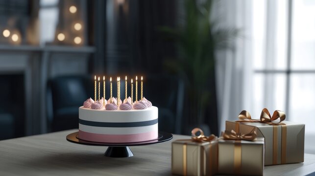 Elegant birthday scene, stylish cake with candles, luxury gift boxes, and a sophisticated greeting card