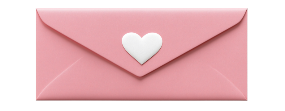 A pink envelope with a white heart on it isolated on a transparent background