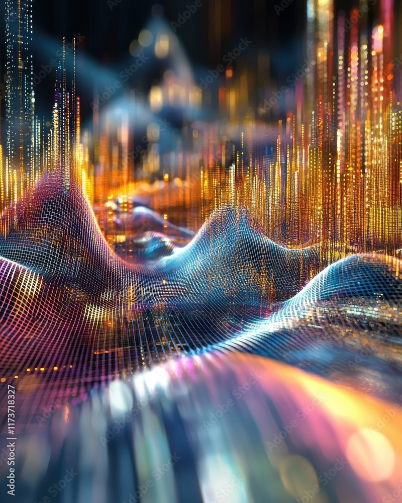 Poster dynamic digital abstract grids visualizing vibrant data points in a colorful environment from an art