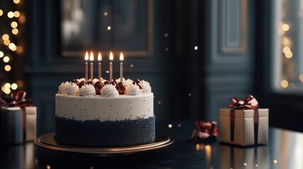 Elegant birthday scene, stylish cake with candles, luxury gift boxes, and a sophisticated greeting card