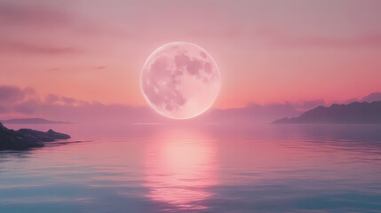 Ethereal moonrise over tranquil ocean waters. Moonrise. Illustration