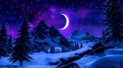 Fototapeta premium Crescent Moon over Snowy Peaks - Serene winter night scene, crescent moon, snow-capped mountains, tranquil forest, starry sky. Symbolizes peace, mystery, nature's beauty, winter magic, serenity.