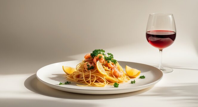 Seafood Spaghetti Served with a Glass of Wine