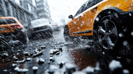 A yellow taxi is driving down a wet street with snow on the ground