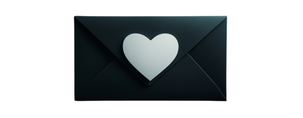 A black envelope with a white heart on it isolated on a transparent background