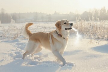 Dog playing fetch in a snowy field with visible breath winter wonderland action shot